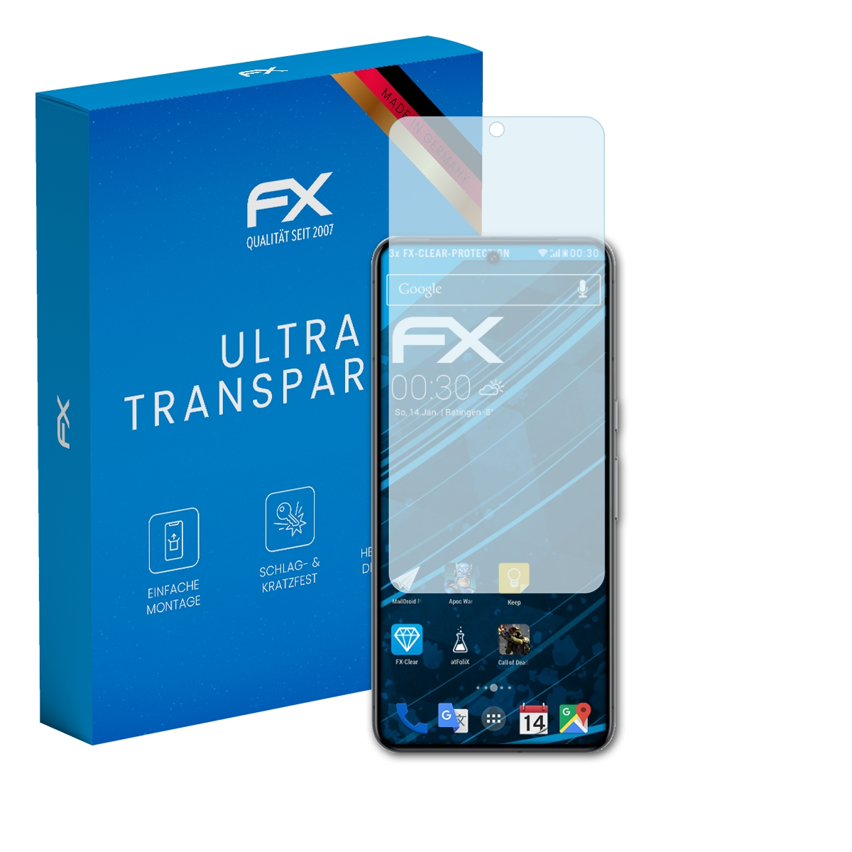 Schachtel und Telefon mit Displayschutz. Telefon zeigt Google und Apps.