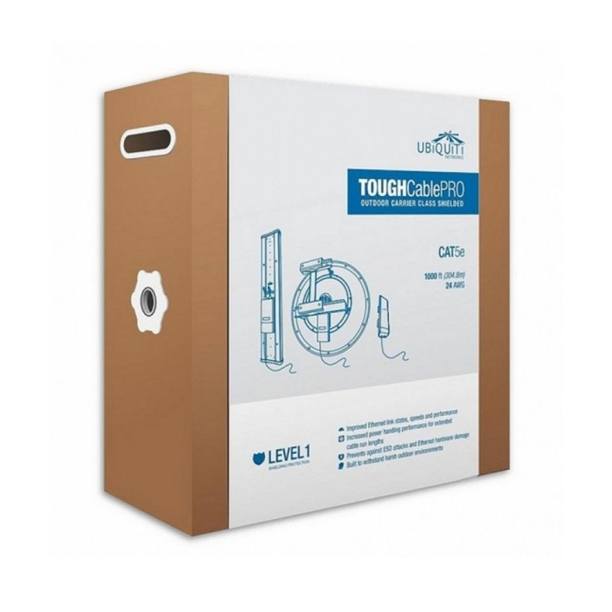 Scatola marrone con etichetta 'TOUGHCablePRO', grafica blu, sfondo bianco.