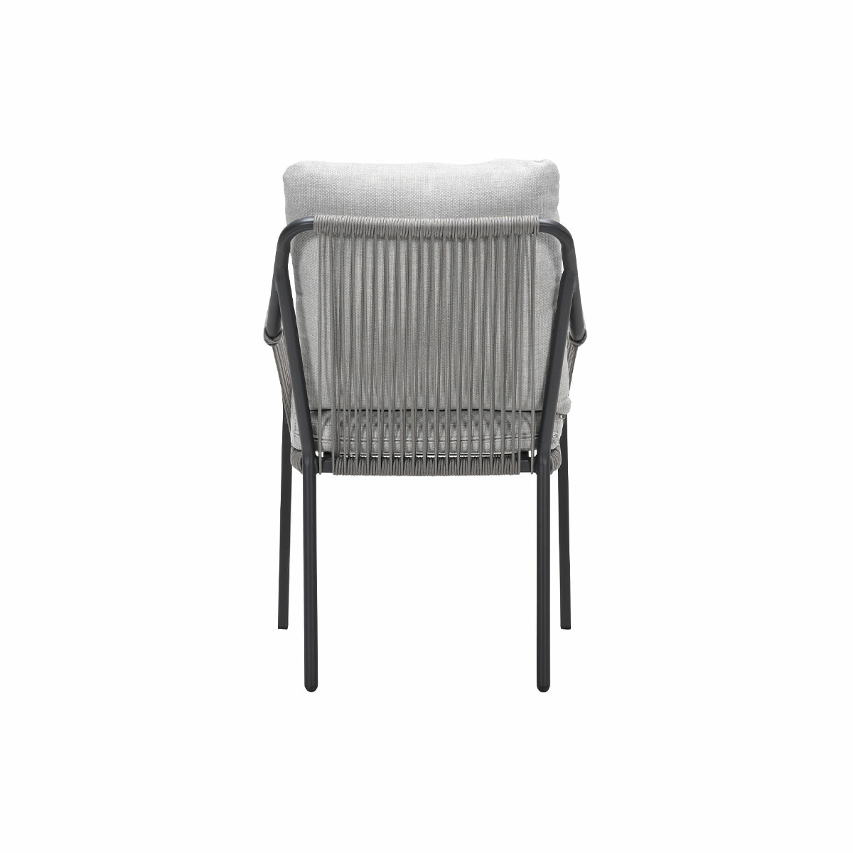 Back view of a gray chair. It has a grey seat and back with grey rope detailing and black frame.