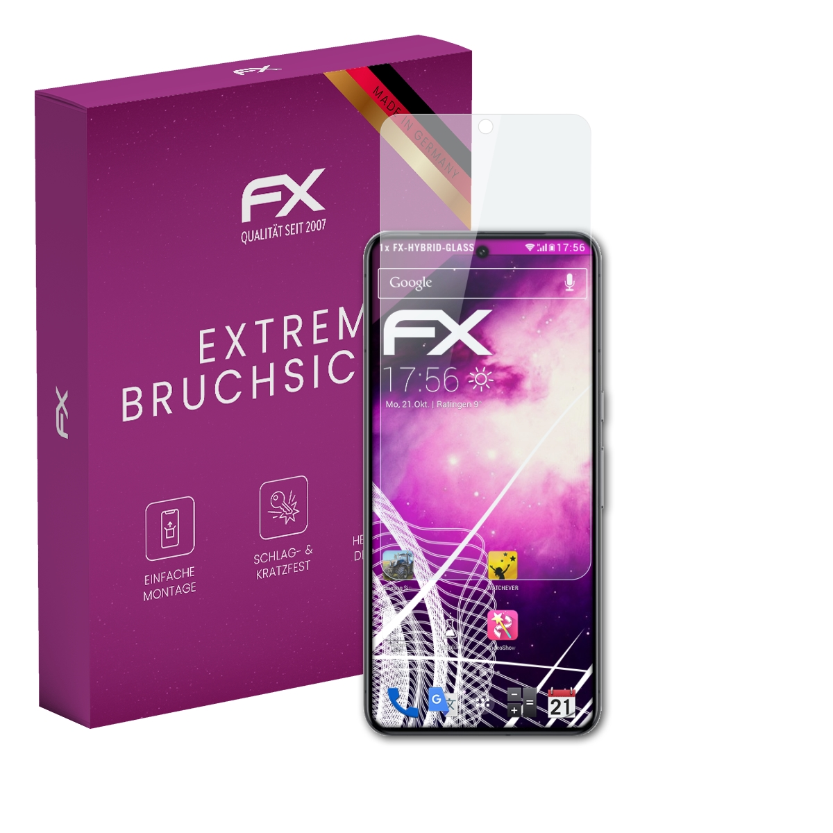 Smartphone mit Displayschutzfolie und Box, mit lila und schwarzem Design.