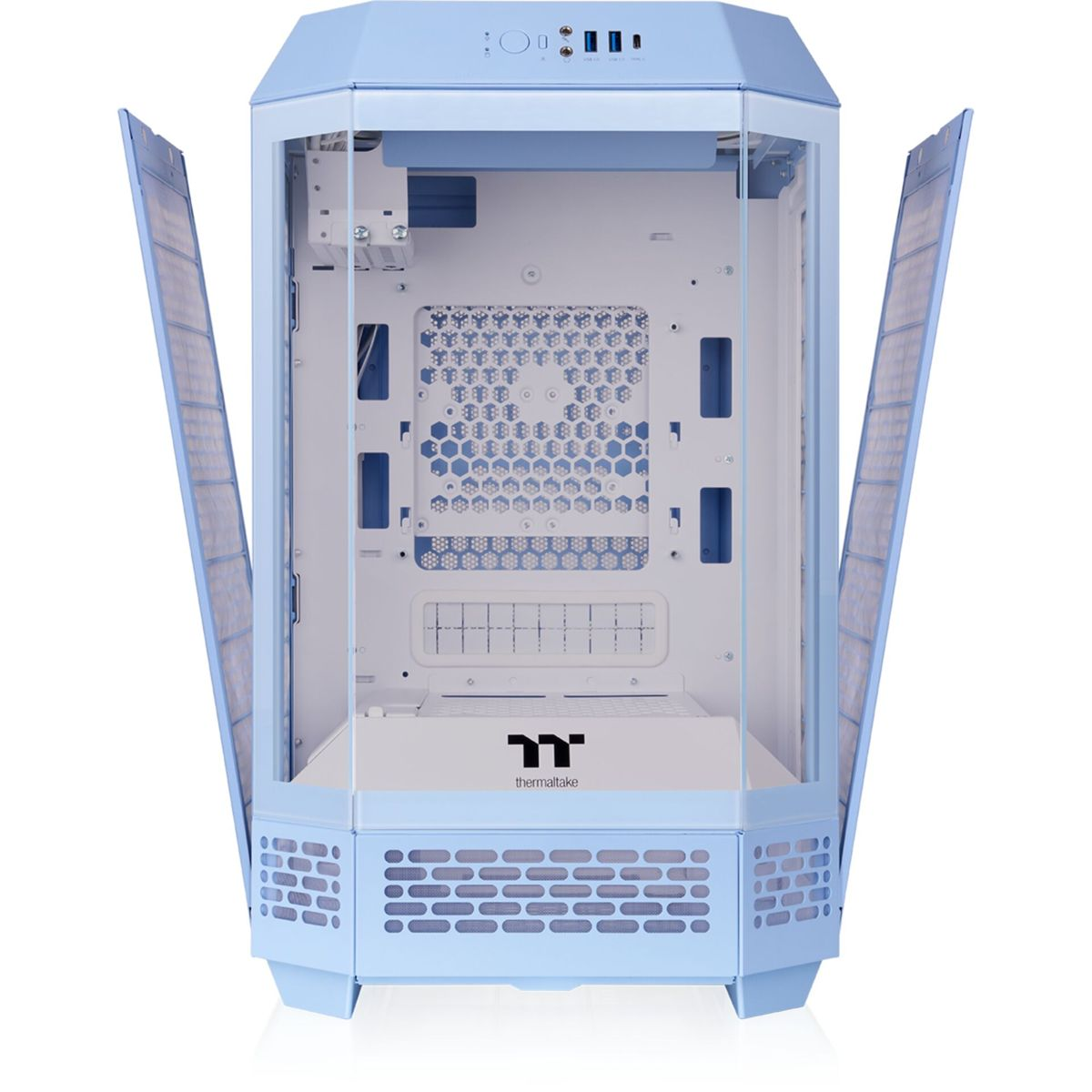 Case PC azzurro con pannelli laterali aperti. L'interno del case è visibile, con il logo Thermaltake.