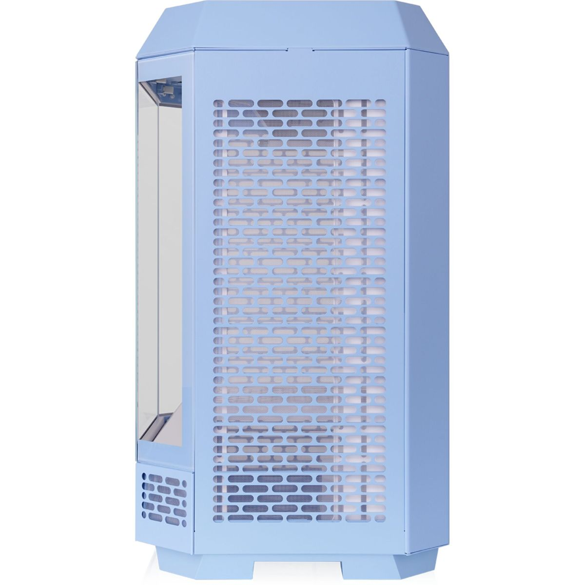 Un case PC azzurro con pannello laterale in vetro, prese d'aria e pannello frontale perforato.