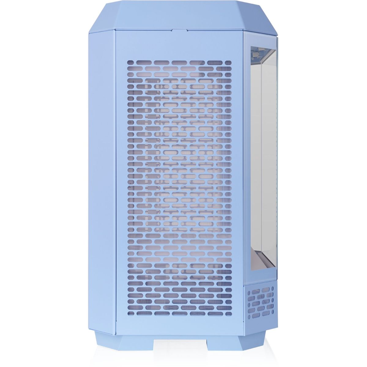 Un case PC azzurro con pannello laterale in vetro, prese d'aria e pannello frontale perforato.