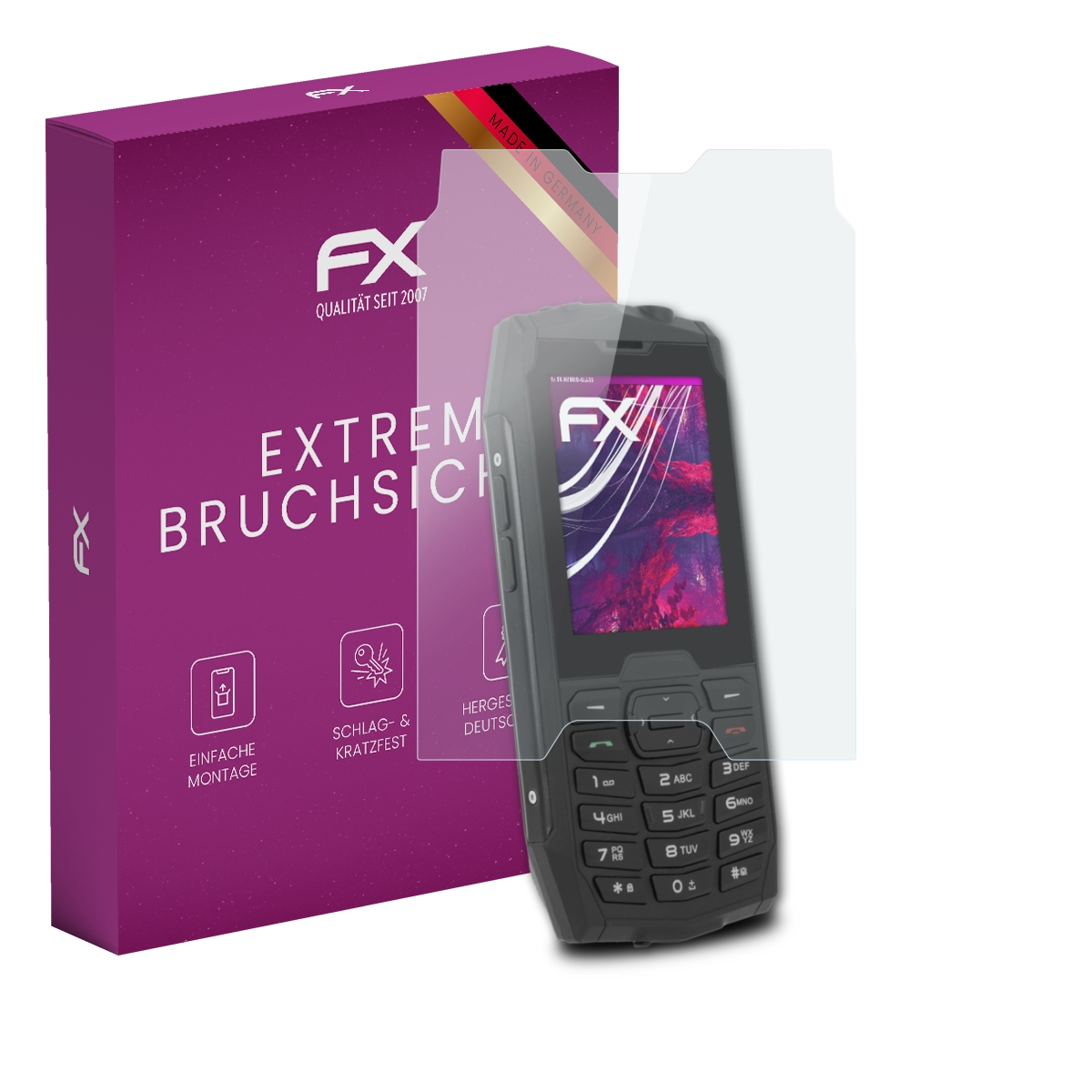 Ein Telefon mit Displayschutzfolie und eine lilafarbene Box.