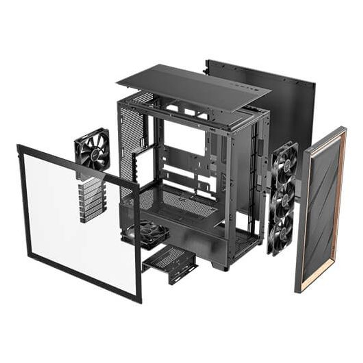 Exploded view van een zwarte PC-behuizing met de gedemonteerde onderdelen.