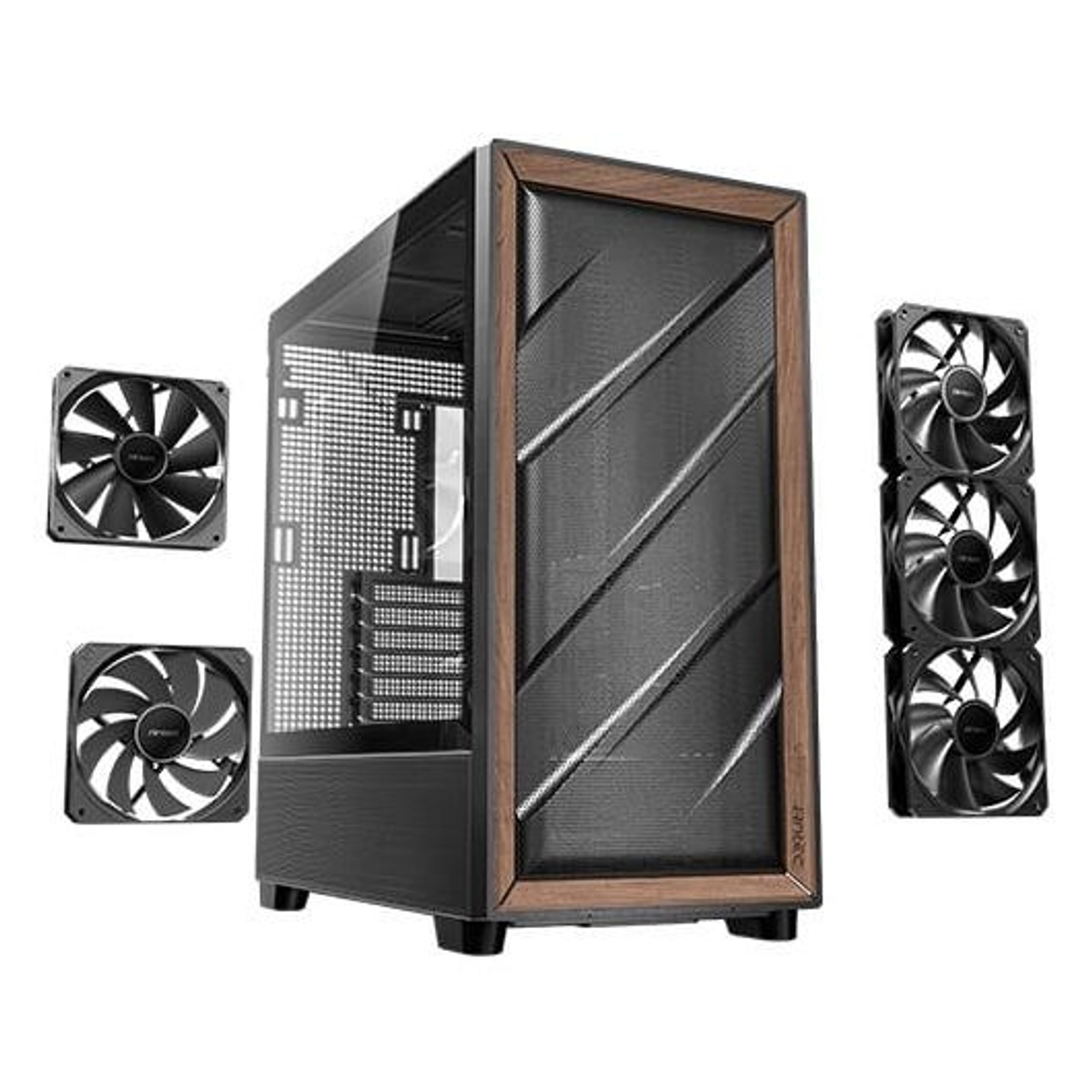 Zwarte computerbehuizing met houten rand en meerdere ventilatoren op een witte achtergrond.