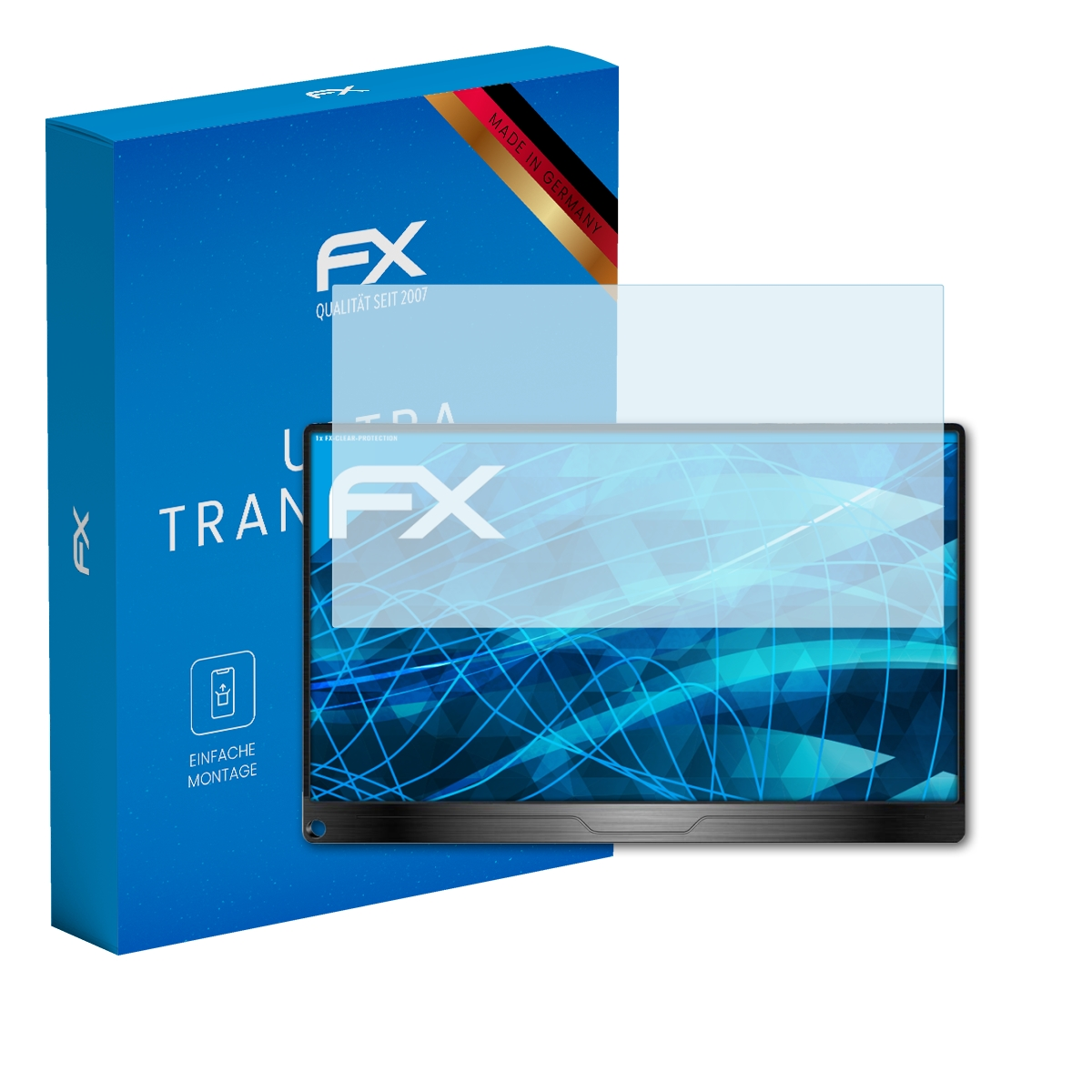 Eine Displayschutzfolienbox und eine Displayschutzfolie auf einem Monitor.