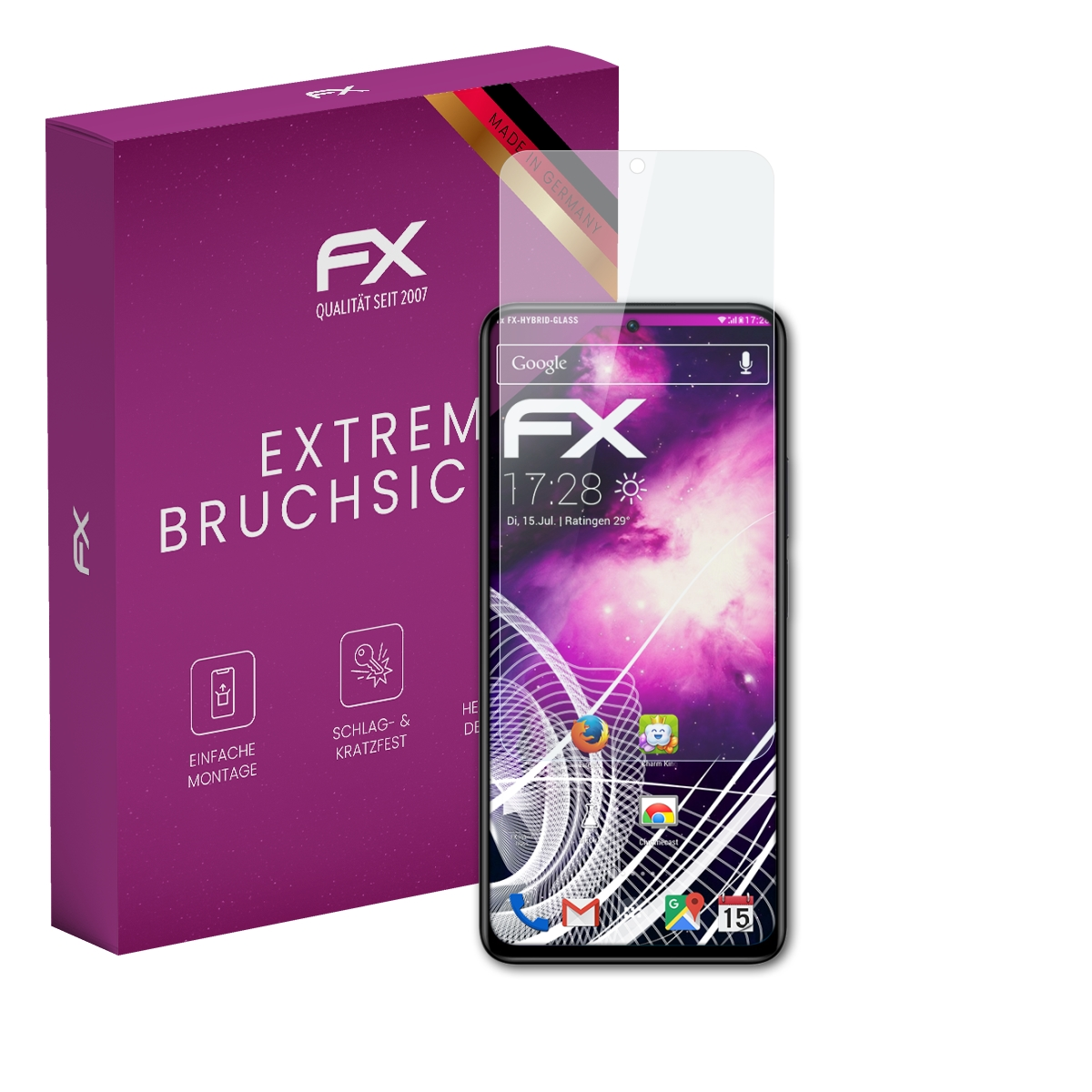 Displayschutzfolien-Box mit Bildschirm und Smartphone. Telefon zeigt Google und Uhrzeit.