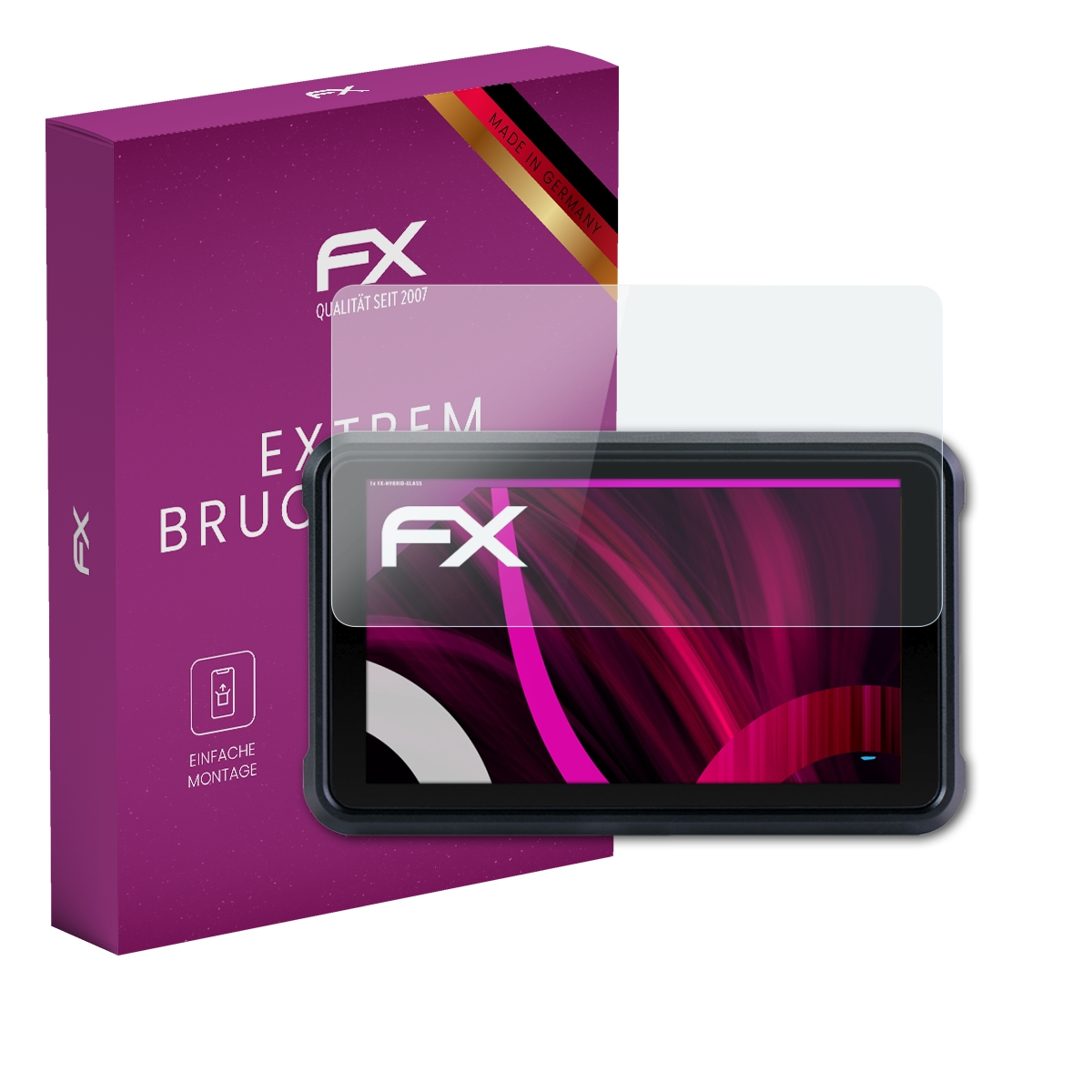 Eine lila Box mit Displayschutzfolie und einem Tablet. Der Bildschirm ist rosa und lila.
