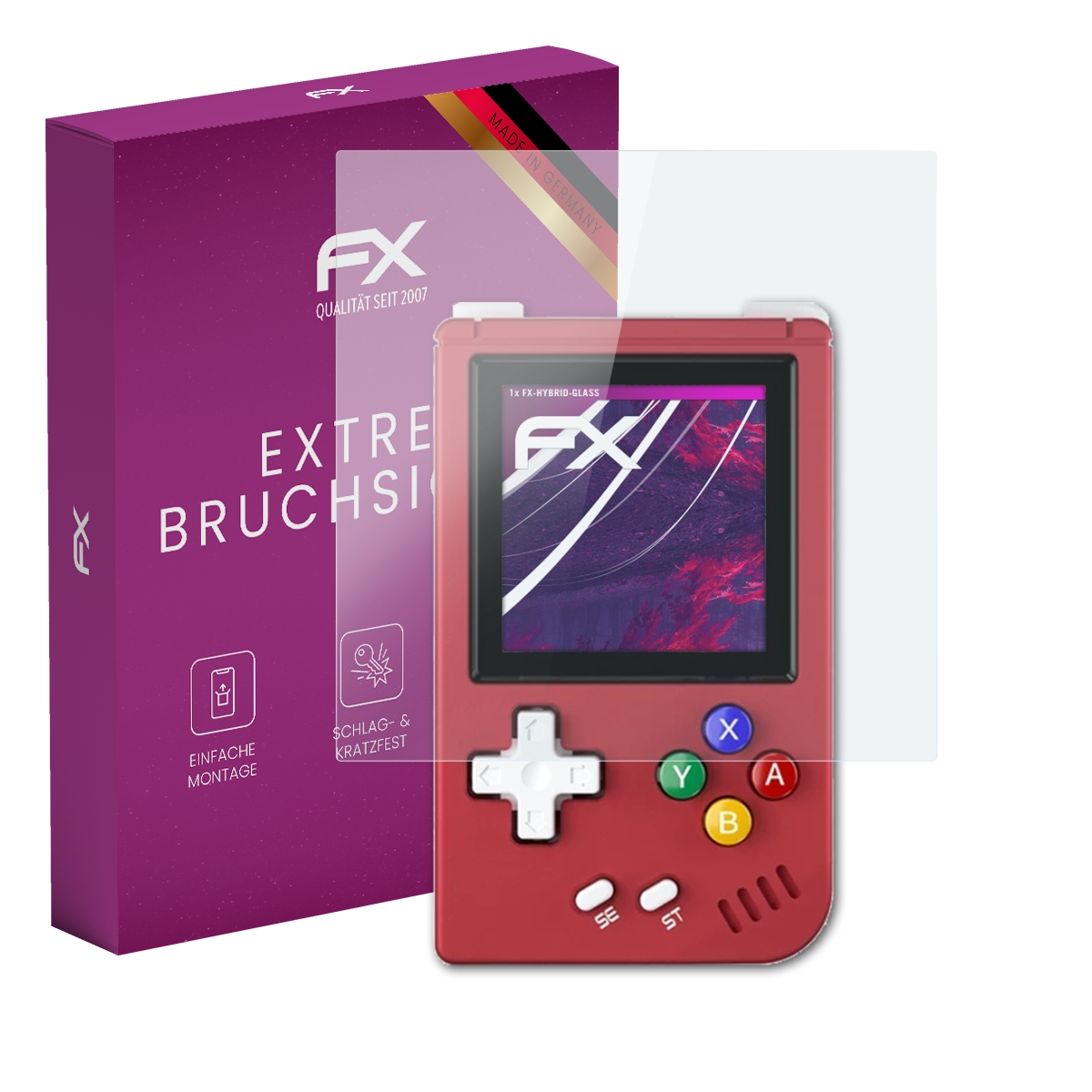 Eine rote Handheld-Spielkonsole mit Displayschutz, neben einer schwarzen Box. Auf der Box steht FX.