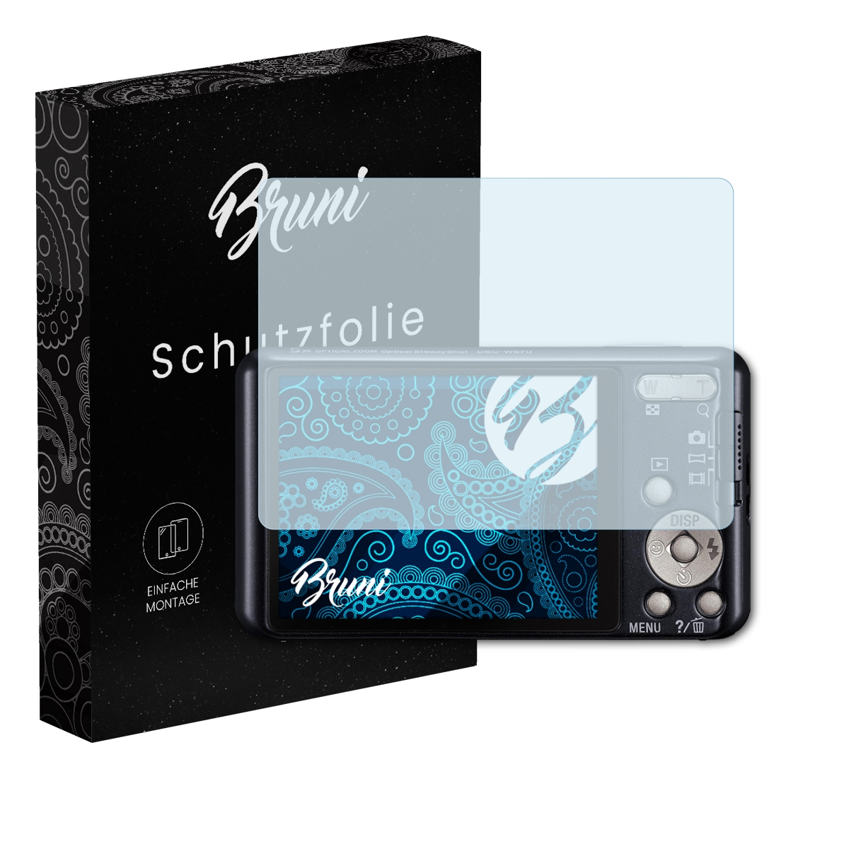 Kamera mit Displayschutz, schwarze Box mit Text Bruni. Der Bildschirm zeigt ein blaues und weißes Muster.