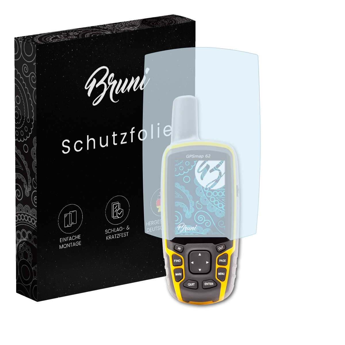 GPS-Gerät mit Displayschutz, schwarze Box mit Text Bruni. Der Bildschirm zeigt ein blaues und weißes Muster.