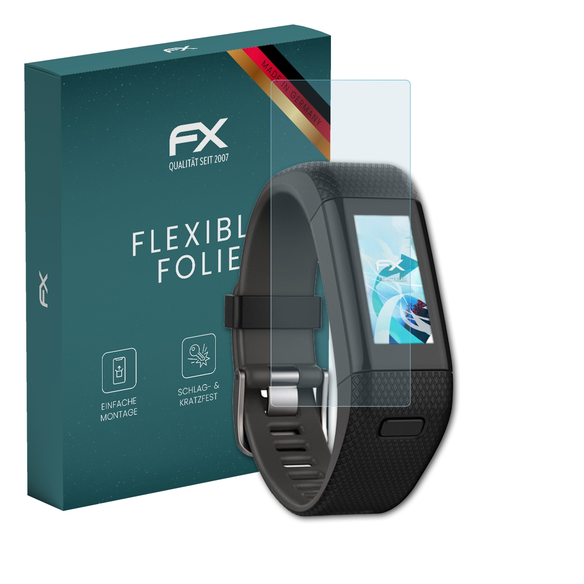 Grüne Box mit Uhr und Displayschutz. Uhr hat Displayschutz. Box hat Logo und Text.