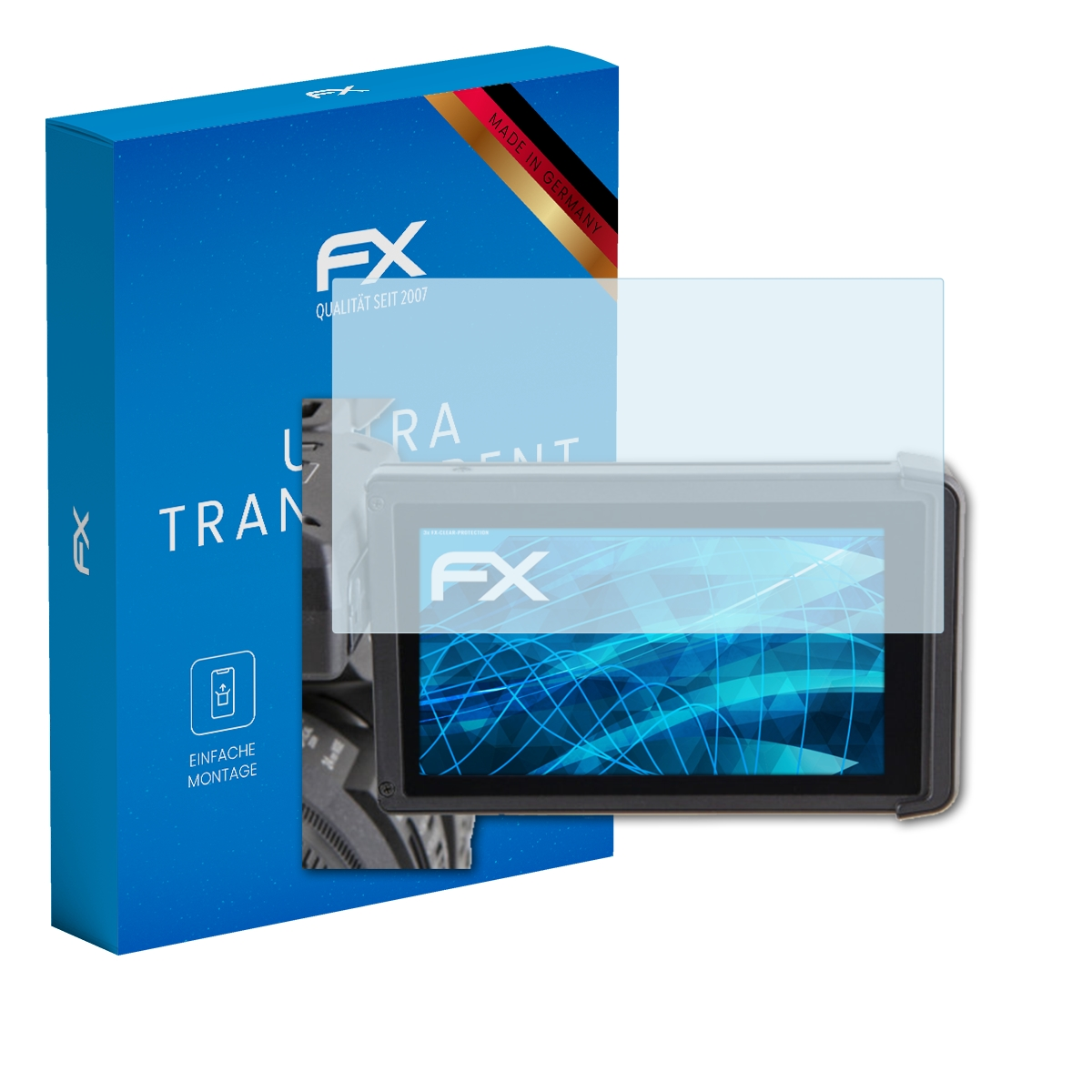 Ein schwarzes Tablet mit Displayschutzfolie und eine blaue Box mit Text, vor weißem Hintergrund.