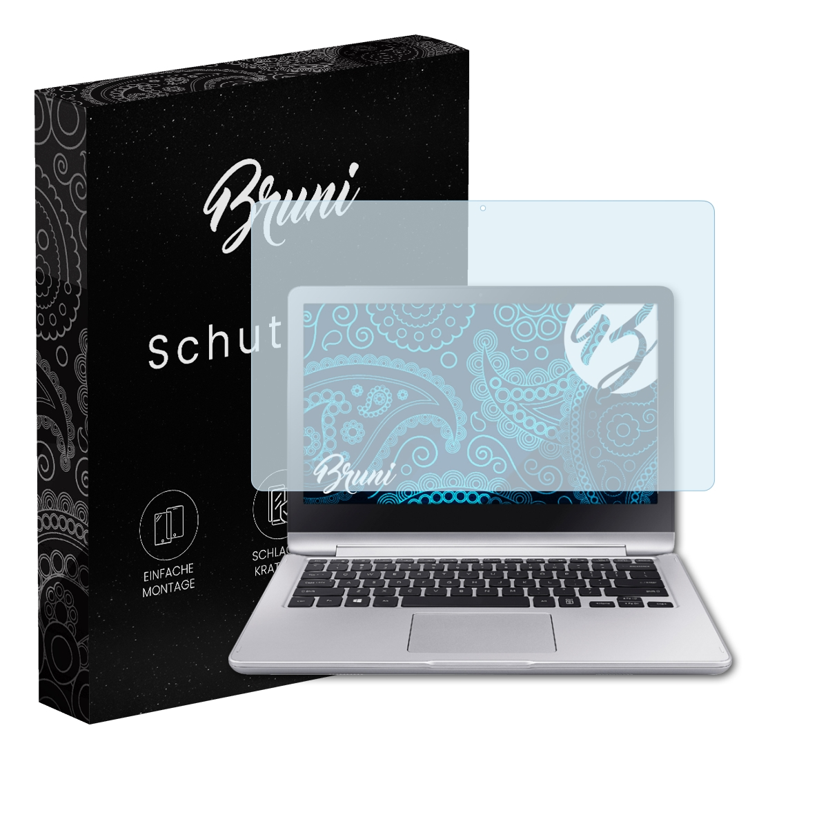 Ein Laptop mit Displayschutzfolie und einer schwarzen Box. Die Displayschutzfolie hat ein Design.