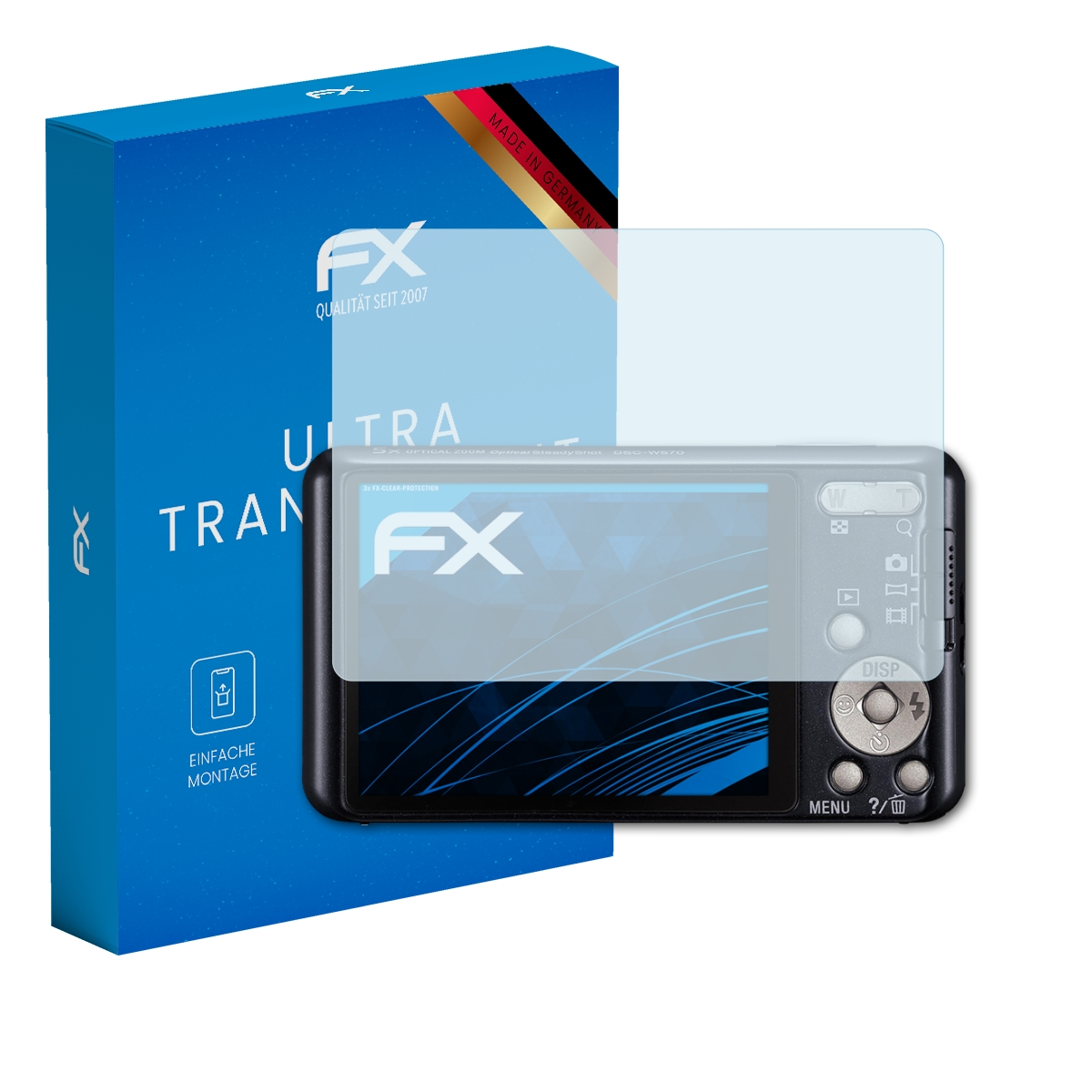 Kamera mit Displayschutzfolie und blauer Box mit der Aufschrift 'FX'. Bildschirm sichtbar.