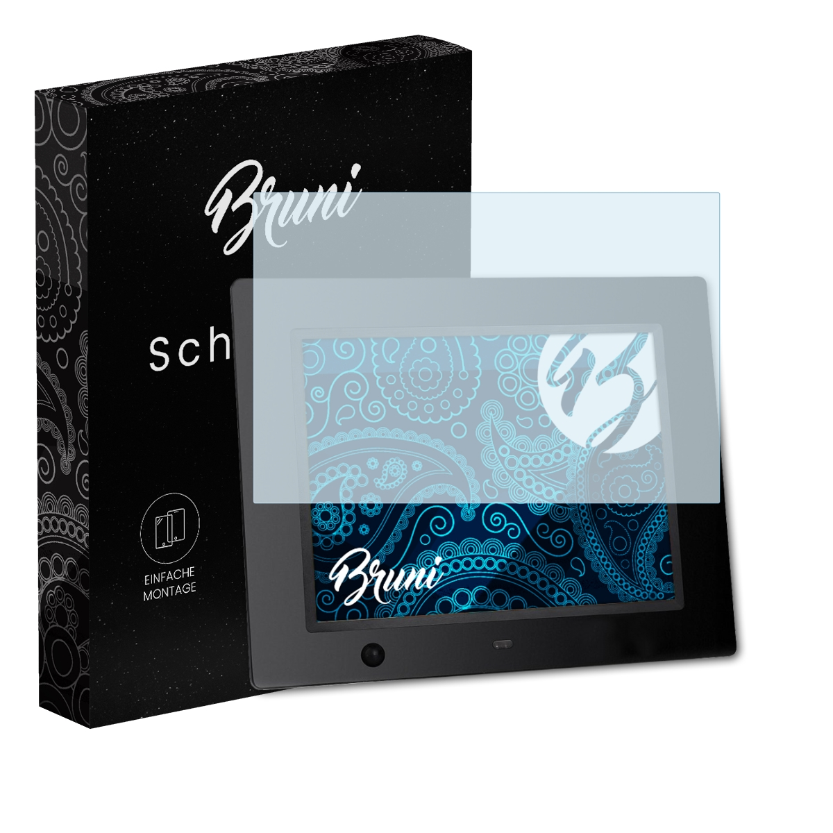 Ein schwarzer digitaler Bilderrahmen mit Displayschutzfolie und einer schwarzen Box mit der Aufschrift 'Bruni'.