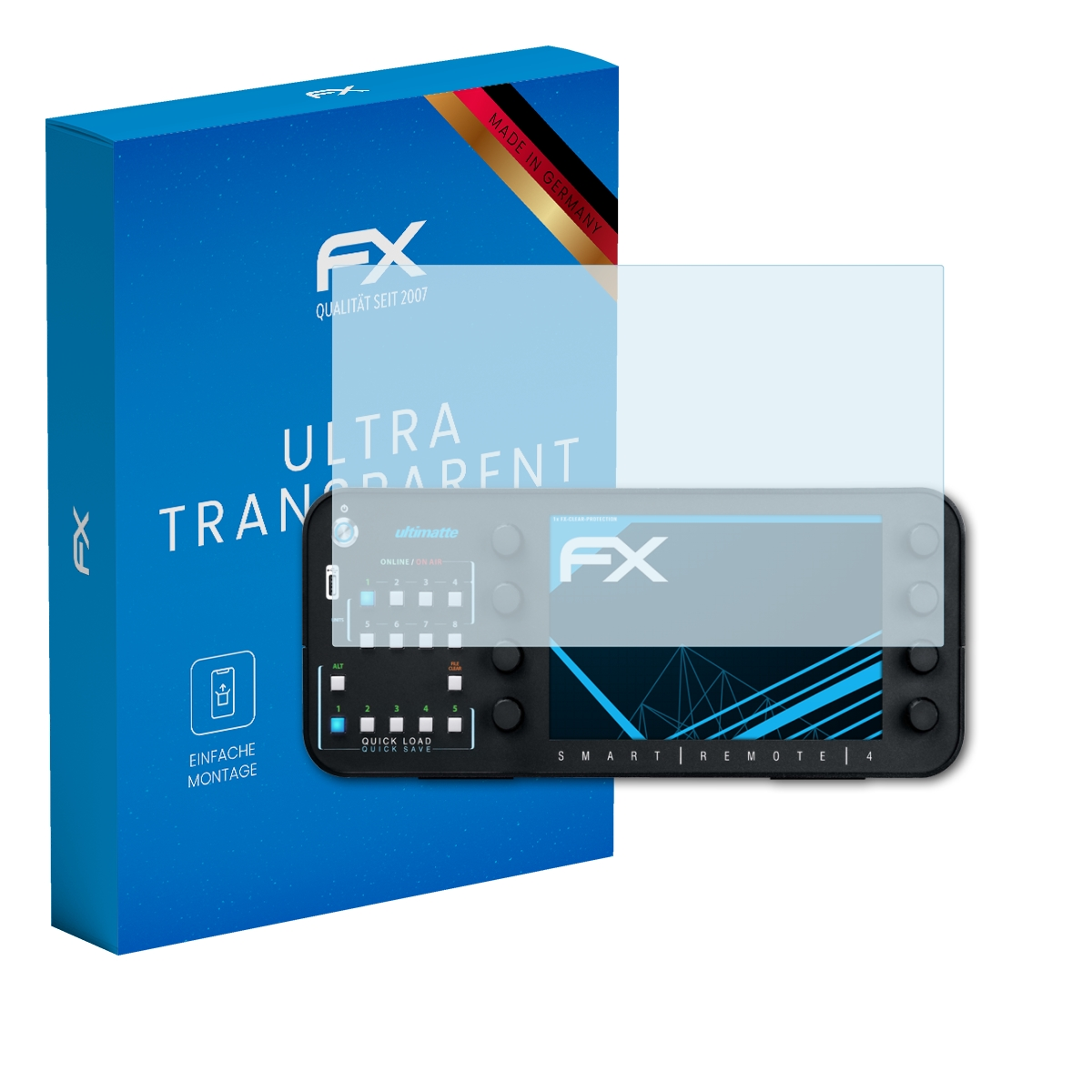 Blaue Box mit Displayschutz und schwarzer Fernbedienung mit Display.