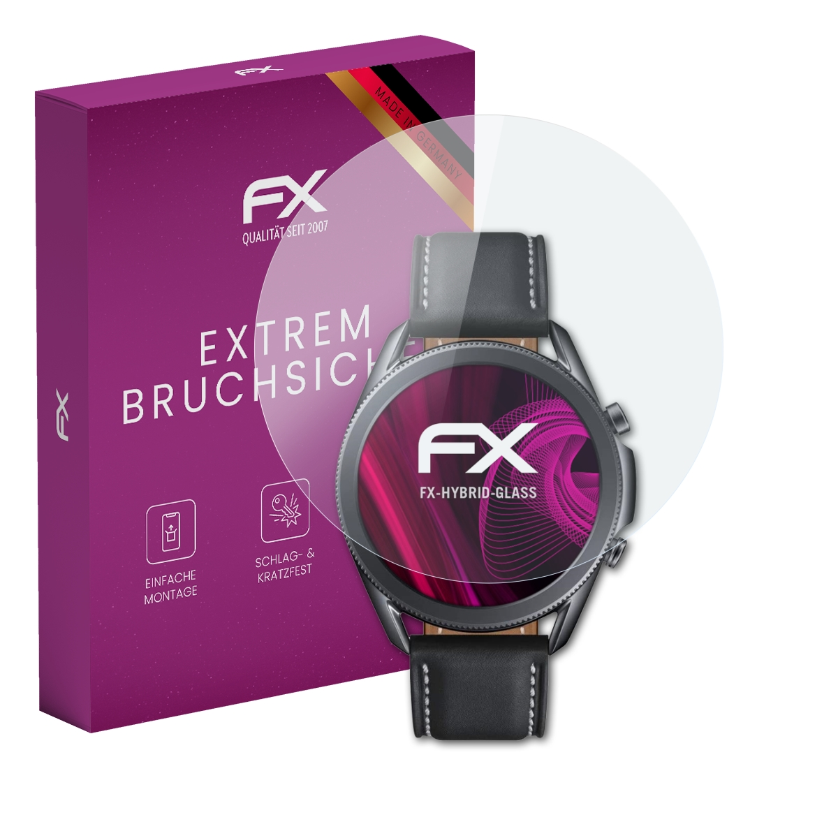 Eine lila Box und eine Smartwatch mit Displayschutzfolie. Auf der Box steht 'Extrem Bruch'.