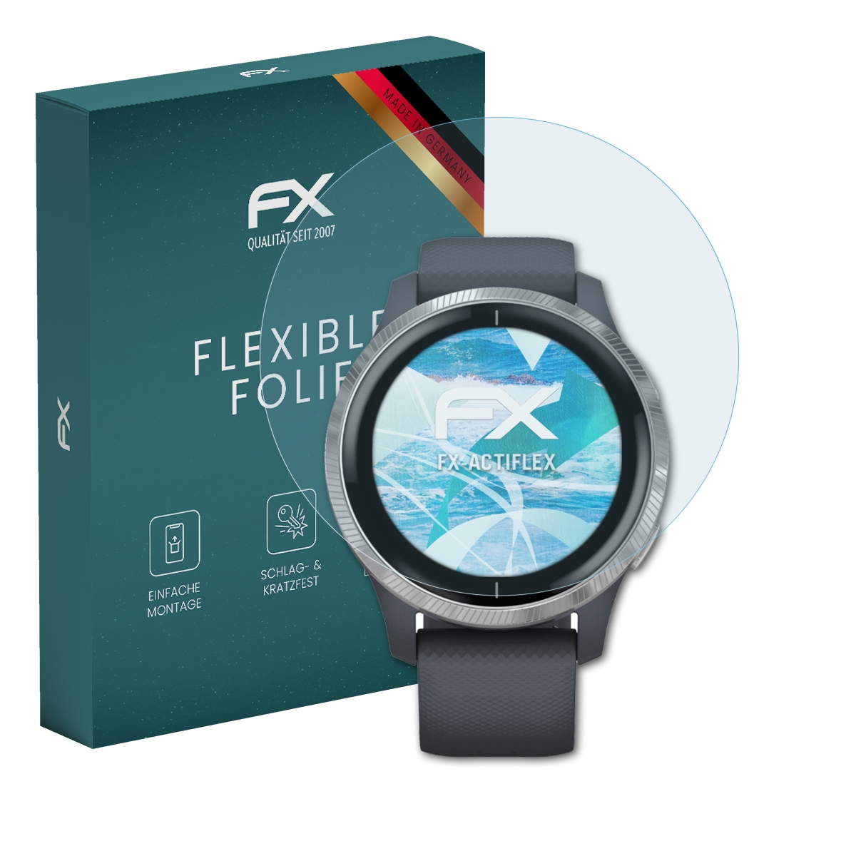 Smartwatch mit Displayschutz. Box links. Die Uhr liegt auf weißem Untergrund.