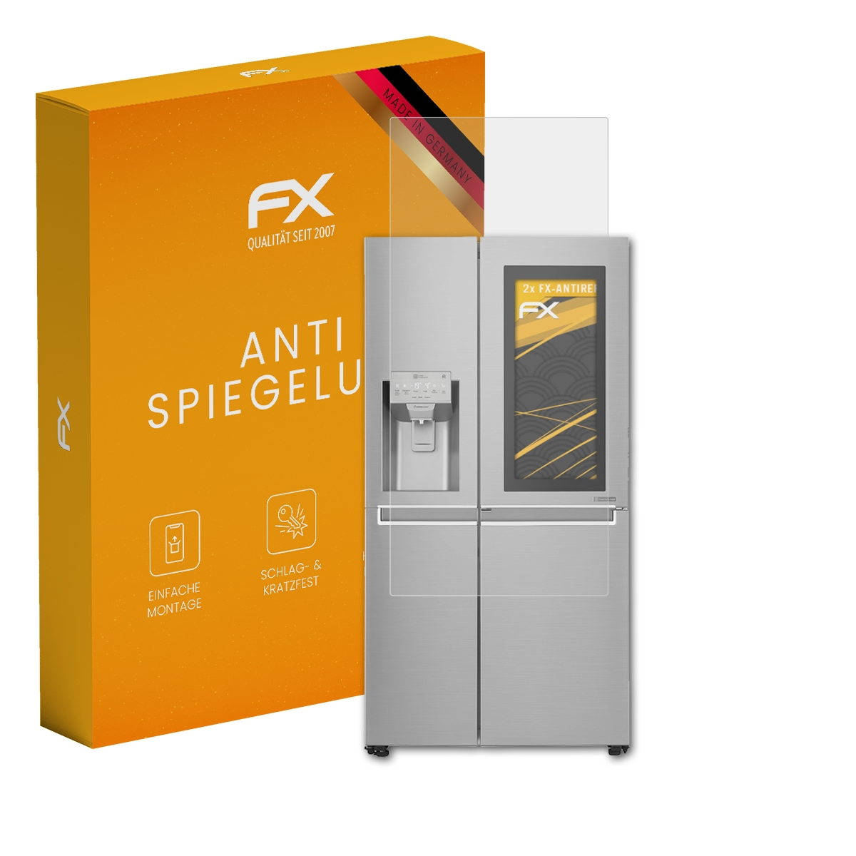 Kühlschrank mit Schutzfolie. Box links. Der Kühlschrank ist silber.