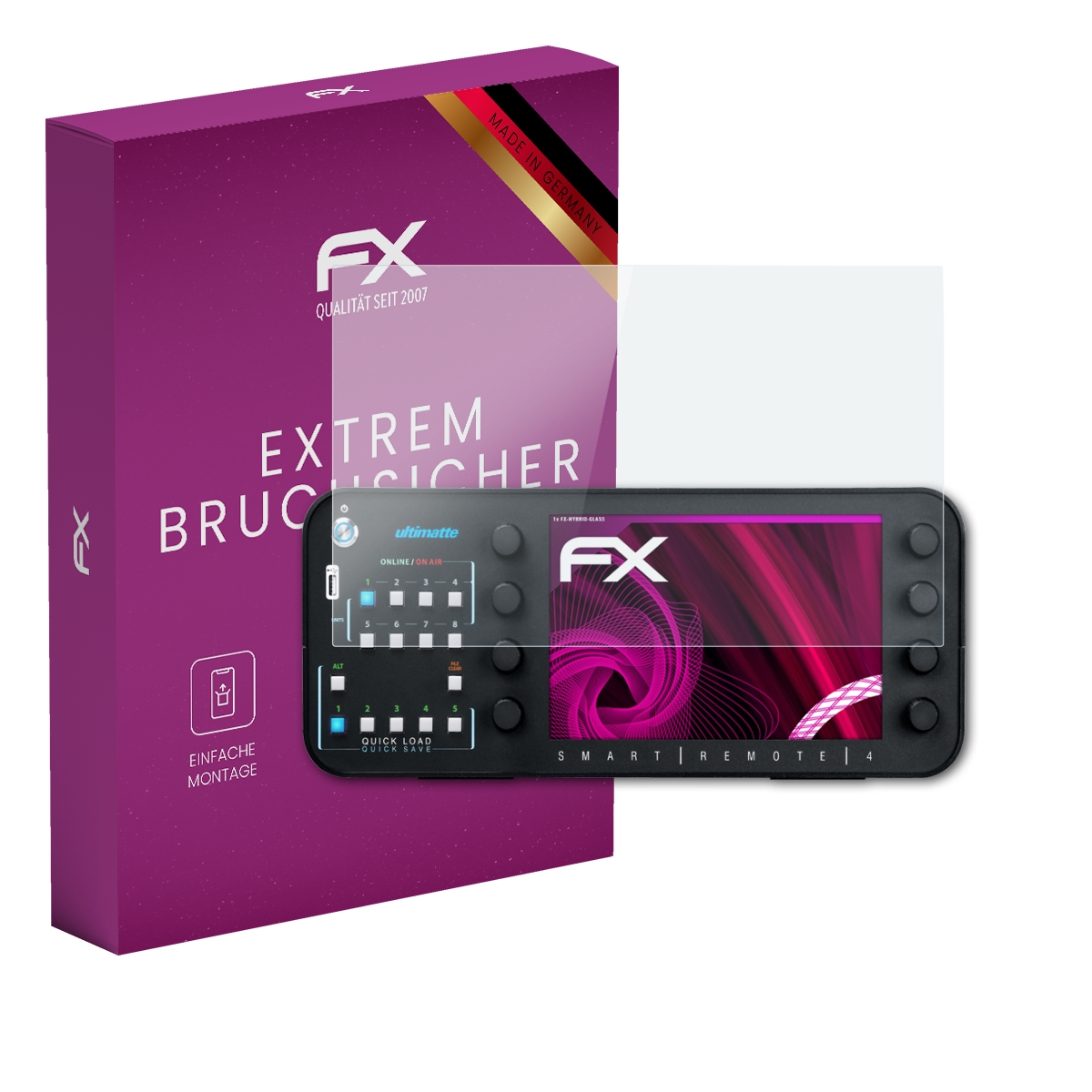 Schwarzes Gerät mit Displayschutz, Box mit 'EXTREM BRUCHSICHER'. Bildschirm zeigt Grafik.