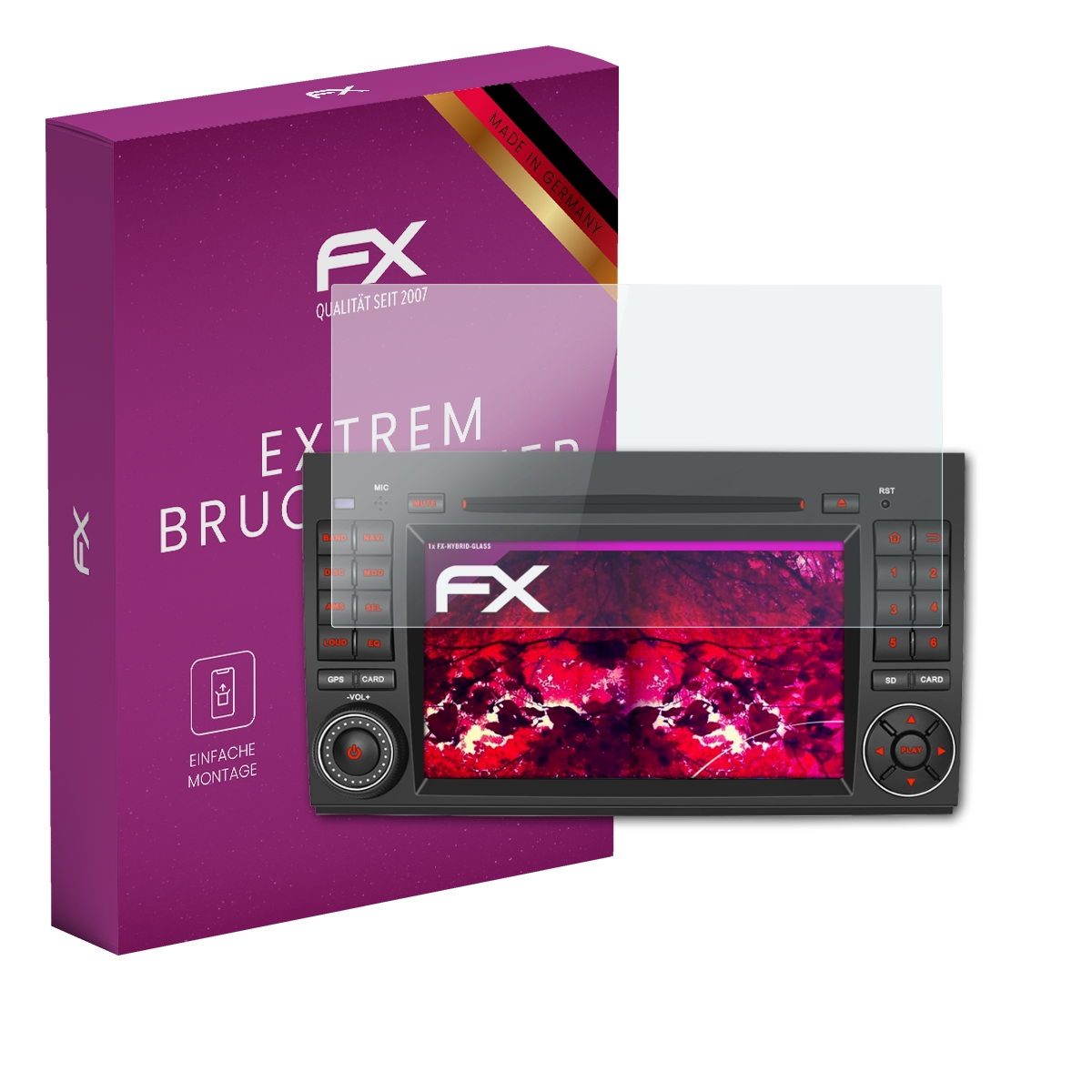 Lila Box, Autoradio mit Schutzfolie. Radio zeigt Grafik. Box sagt 'EXTREM BRUCHSICHER'.