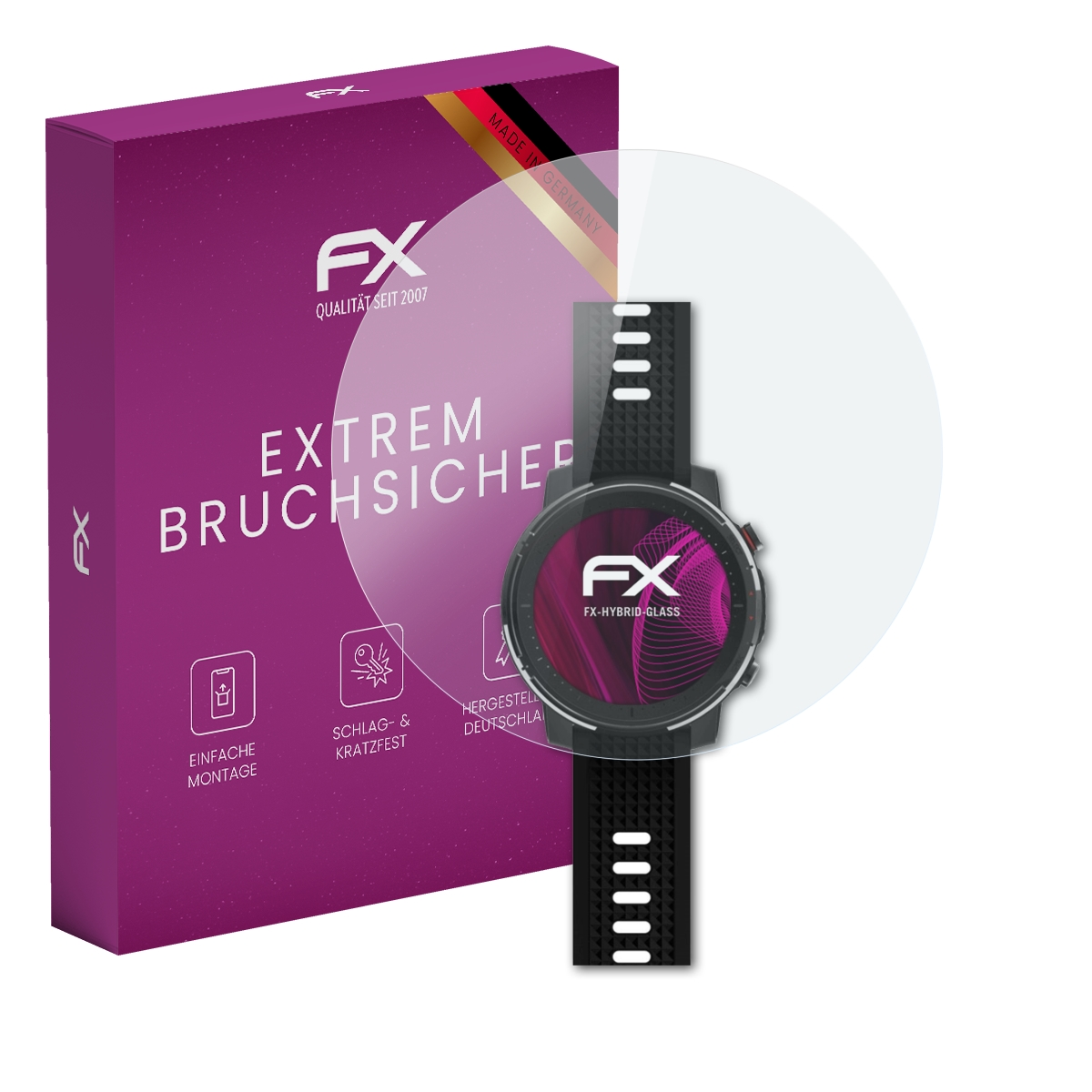 Smartwatch mit Displayschutzfolie und lila Box. Box mit 'Extrem Bruchsicher' und 'FX'.