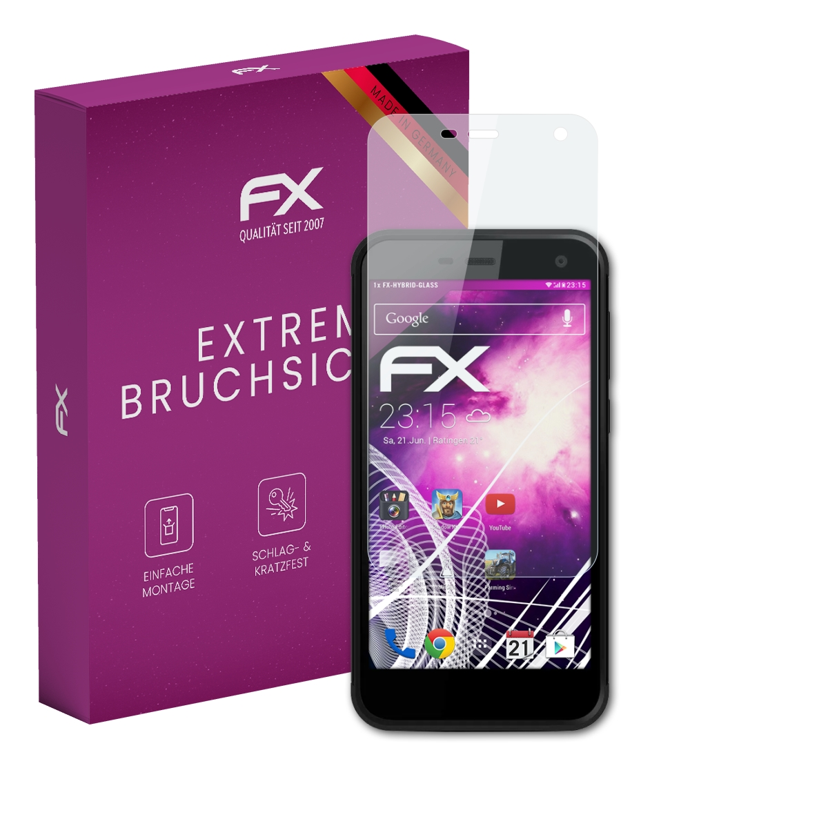 Ein Telefon und ein Displayschutz liegen neben einer lila Schachtel. Das Telefon zeigt Uhrzeit und Symbole.
