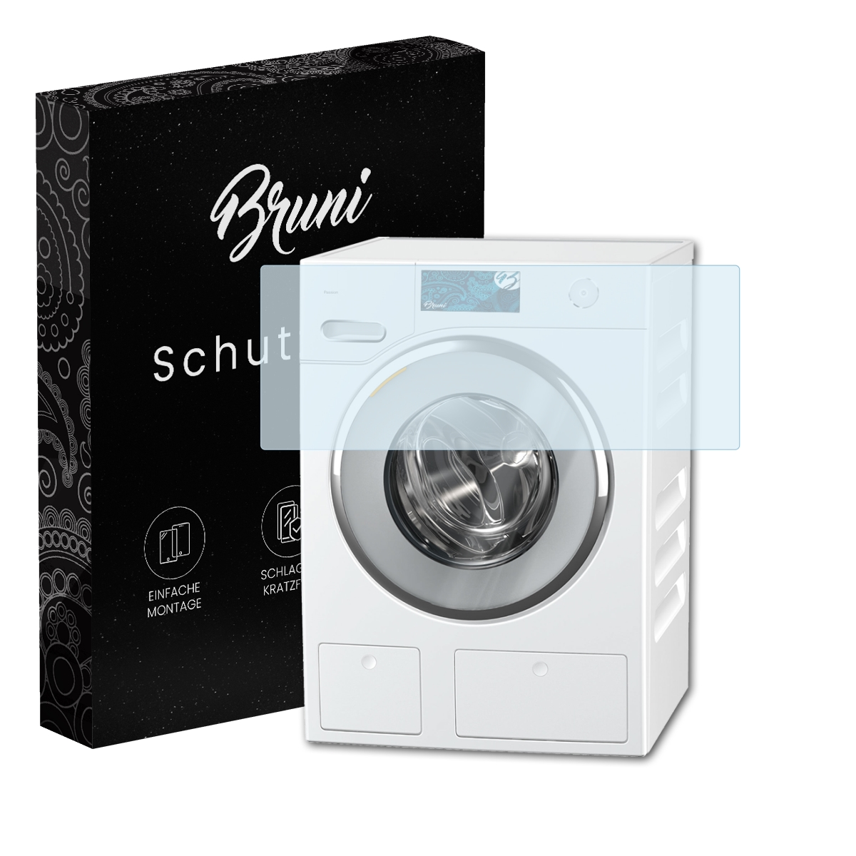 Eine Waschmaschine mit Displayschutz und eine schwarze Schachtel mit weißem Text und Symbolen, die Schutz anzeigen.