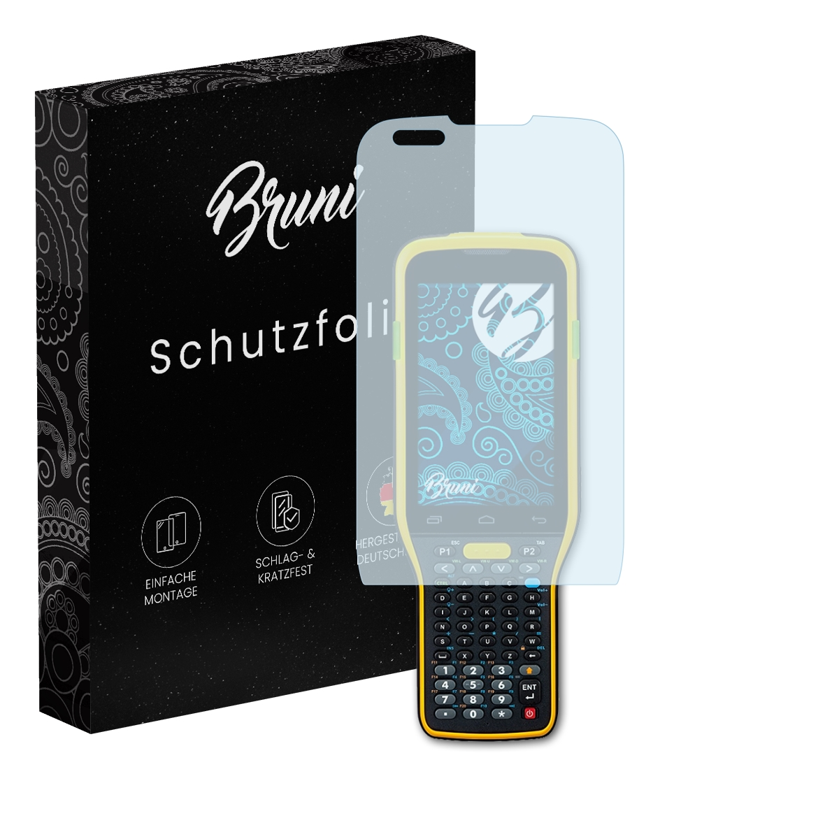 Ein Telefon mit Displayschutzfolie, Schachtel im Hintergrund.