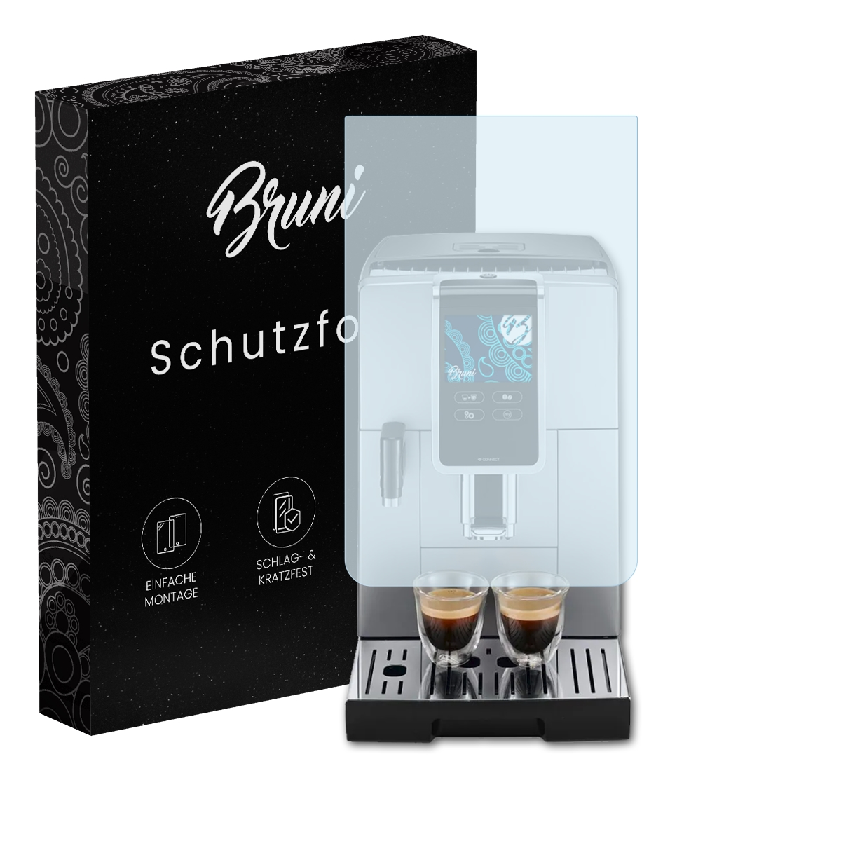 Kaffeemaschine mit zwei Espressotassen und einer Schutzfolienbox.