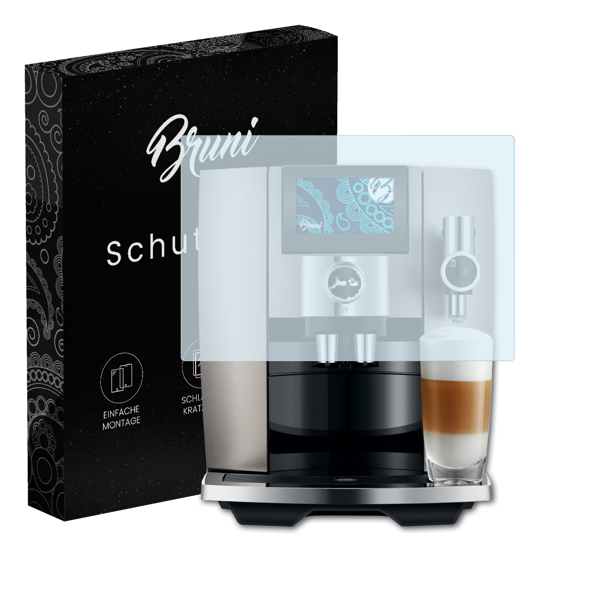 Kaffeemaschine mit Displayschutz und schwarzer Box. Die Maschine hat ein blaues Design auf dem Bildschirm.
