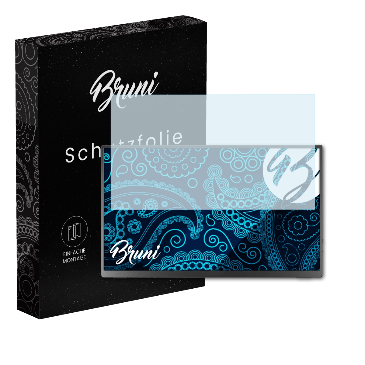 Gerät mit Displayschutz und schwarzer Box. Das Gerät hat blaues Design auf dem Bildschirm.