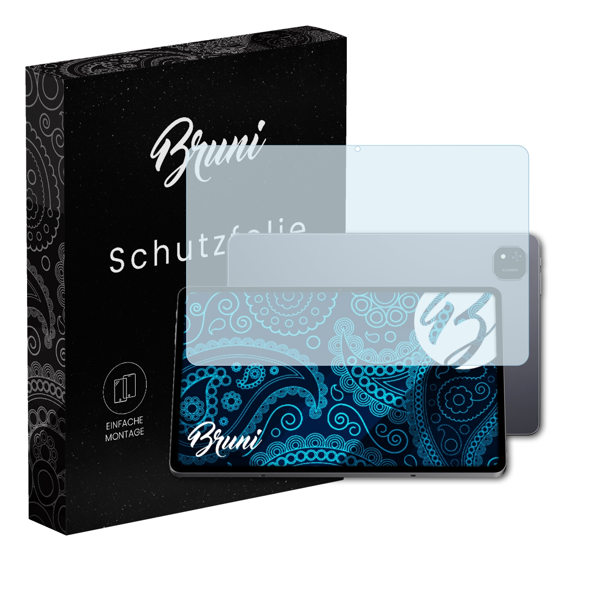 Tablet und Displayschutzfolie mit Box. Das Tablet zeigt ein blaues Muster.