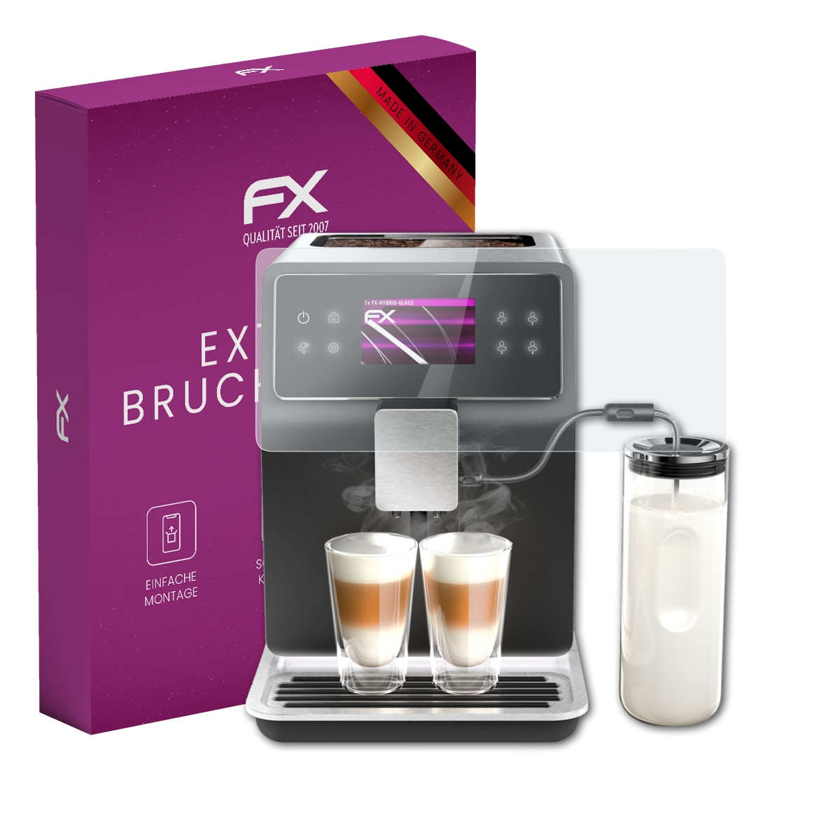 Eine schwarze und silberne Kaffeemaschine mit Displayschutzfolie und eine lila Box.