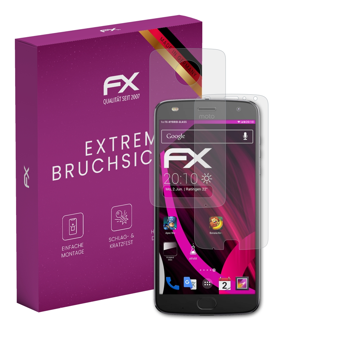 Smartphone mit Displayschutz. Lila Box mit Text. Made in Germany. Hintergrund: weiß.