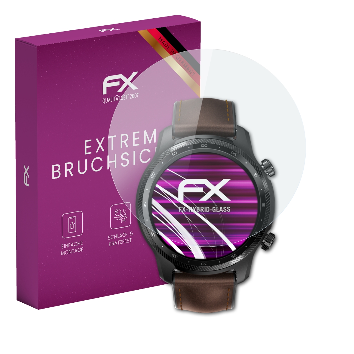 Eine Smartwatch mit Displayschutz und eine Box mit 'FX EXTREM BRUCHSICH'. Der Bildschirm ist schwarz.