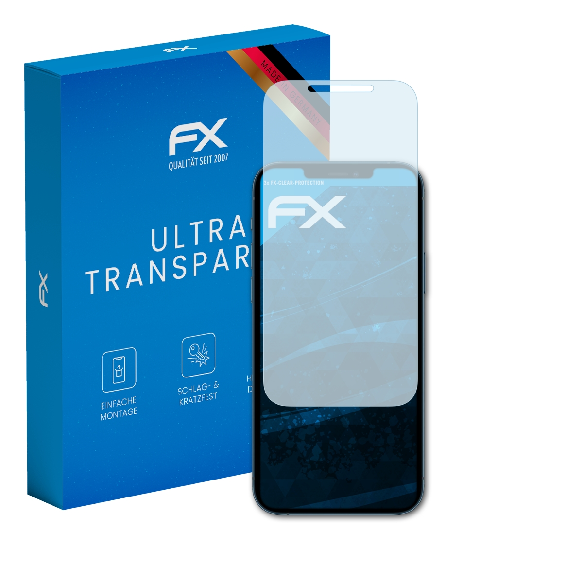 Smartphone mit Displayschutz. Blaue Box mit Text. Made in Germany. Hintergrund: weiß.