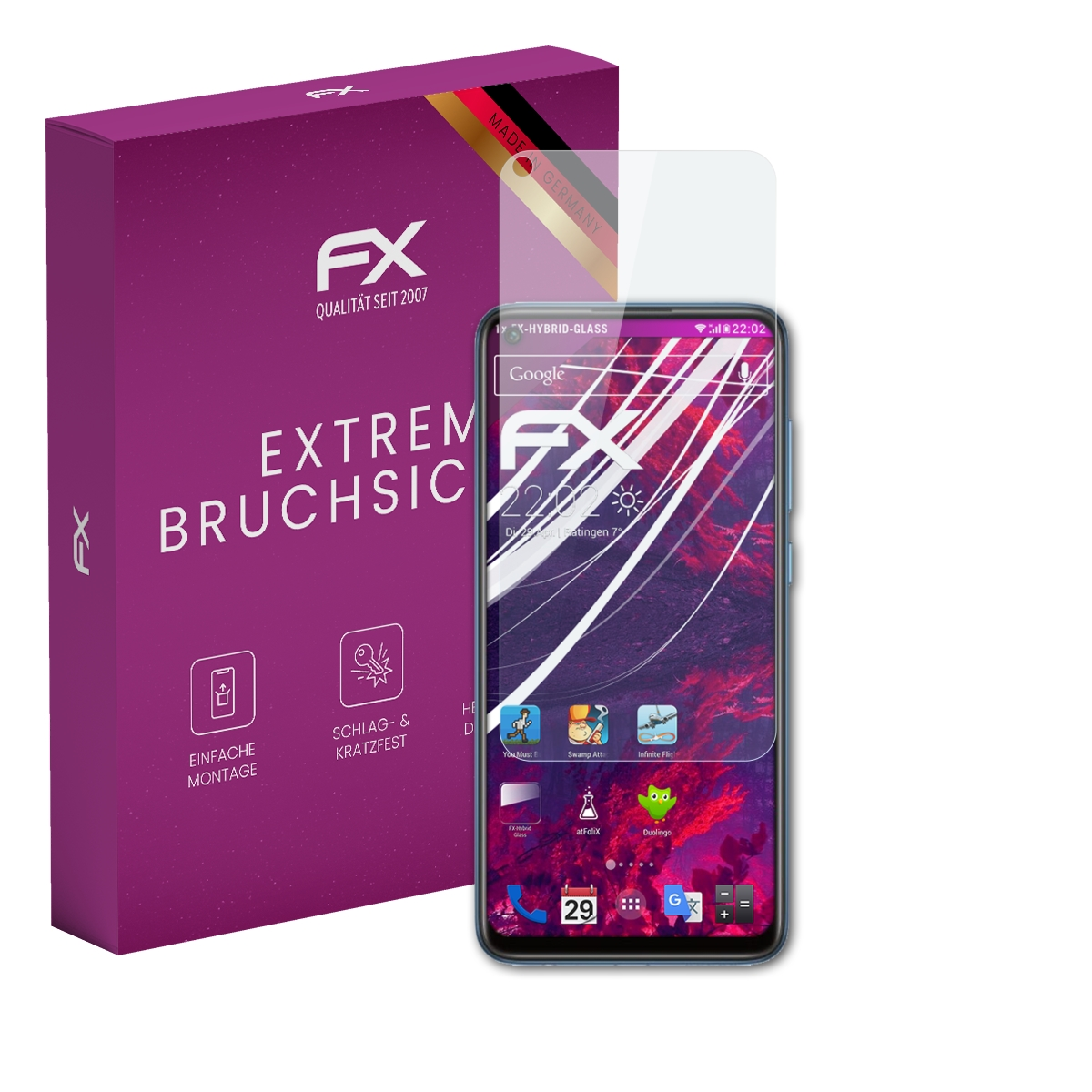 Smartphone mit Displayschutz. Lila Box mit Text. Made in Germany. Hintergrund: weiß.