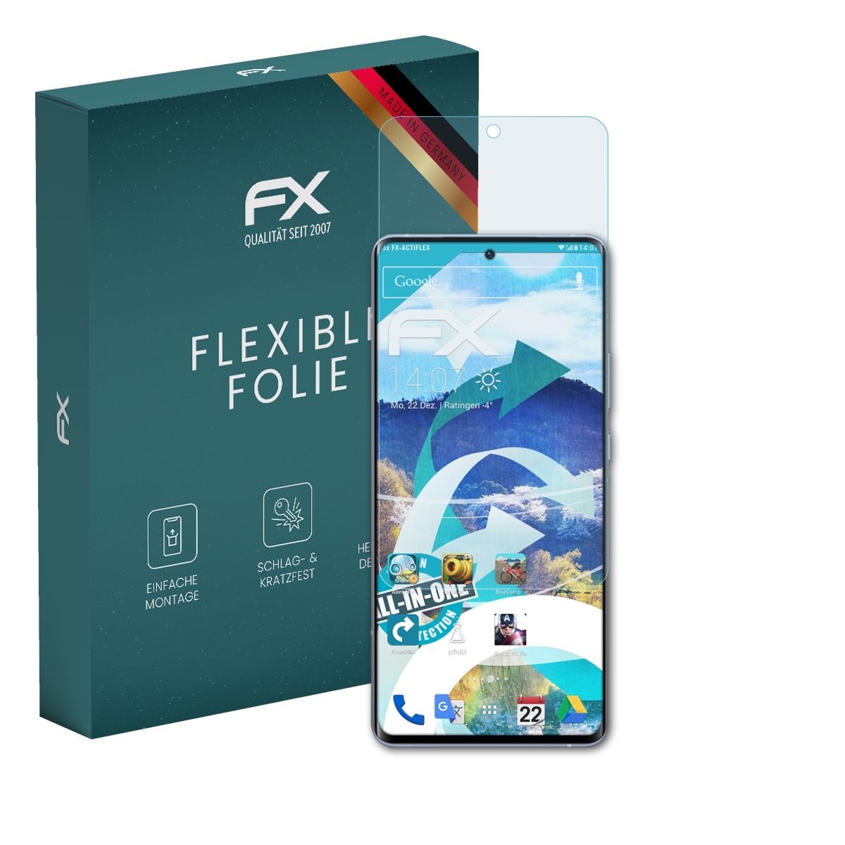 Grüne Box mit Displayschutz. Ein Telefon mit Displayschutz wird gezeigt. Deutscher Text auf der Box.