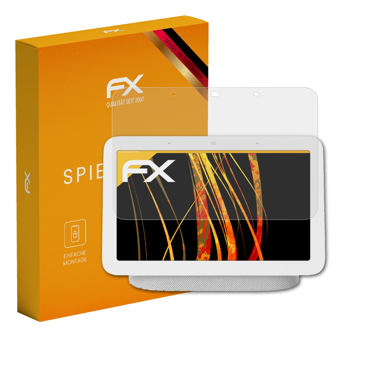 Smart Display, Displayschutz und orangefarbene Box. Auf der Box steht 'Anti Spiegelung'.