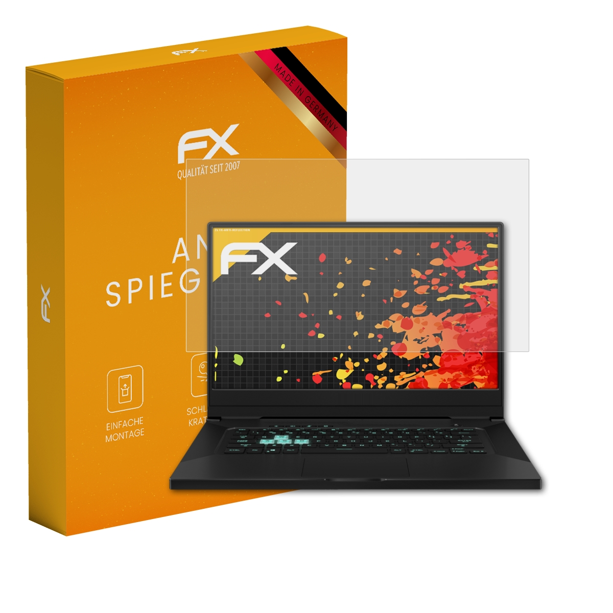 Orange Box, Laptop, Displayschutz. Laptop-Bildschirm sichtbar. Made in Germany.