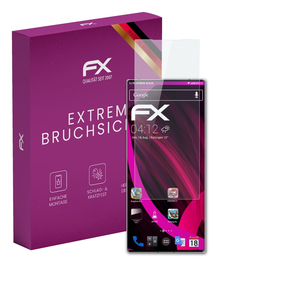 Smartphone mit Displayschutz, Box links, Bildschirm zeigt Google-Suche und Symbole.