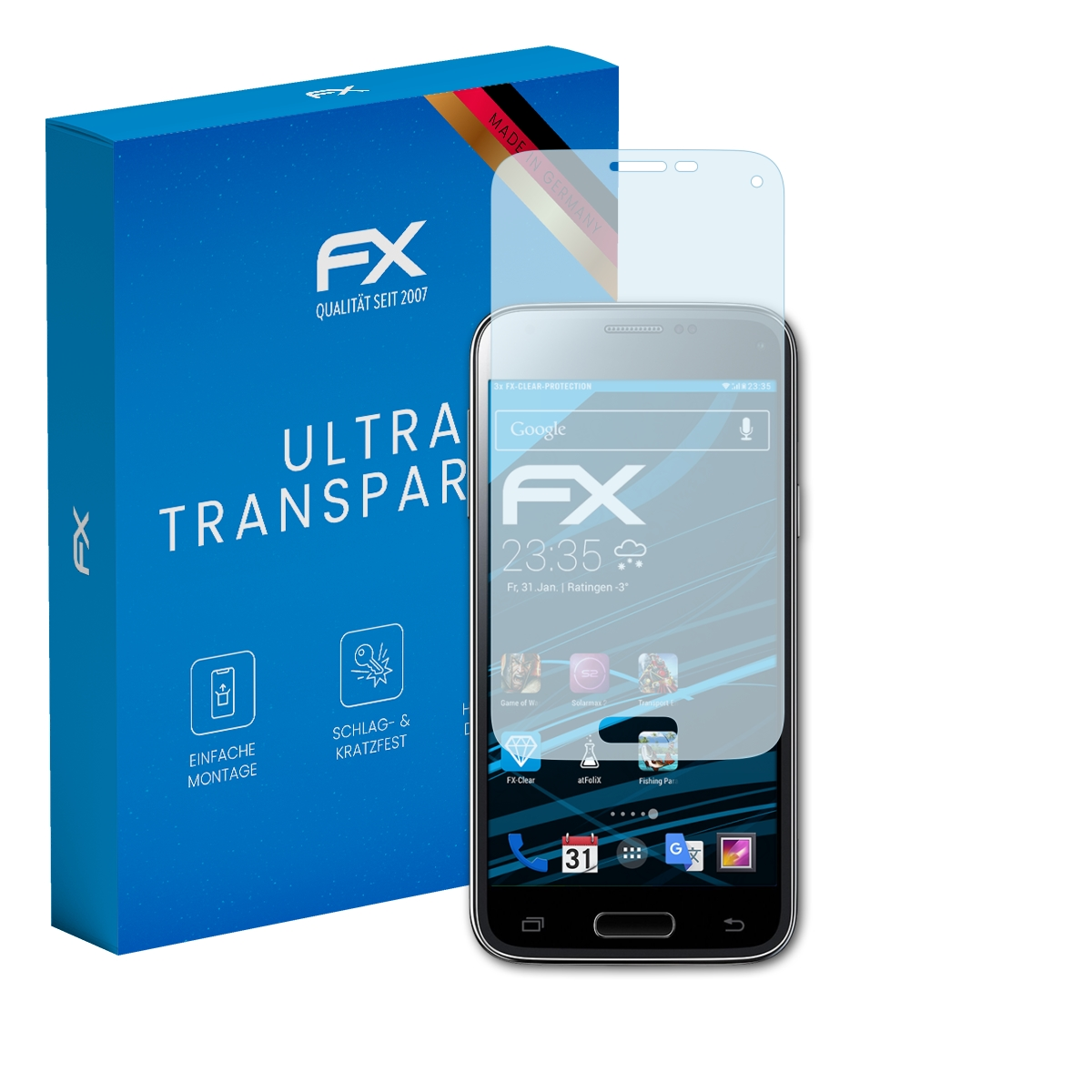Schwarzes Smartphone mit Displayschutz, blaue Box mit FX Logo.