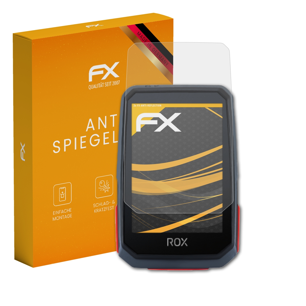 Ein schwarzes und rotes Gerät mit einem klaren Displayschutz und eine orangefarbene Box mit FX und Anti-Reflexion.