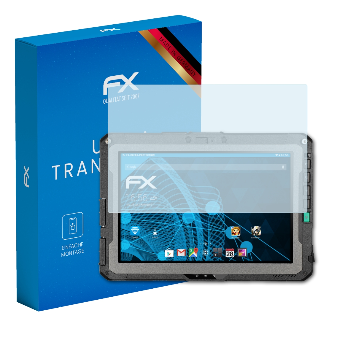 Eine blaue Schachtel mit einem Tablet und einem Displayschutz, der Google anzeigt.