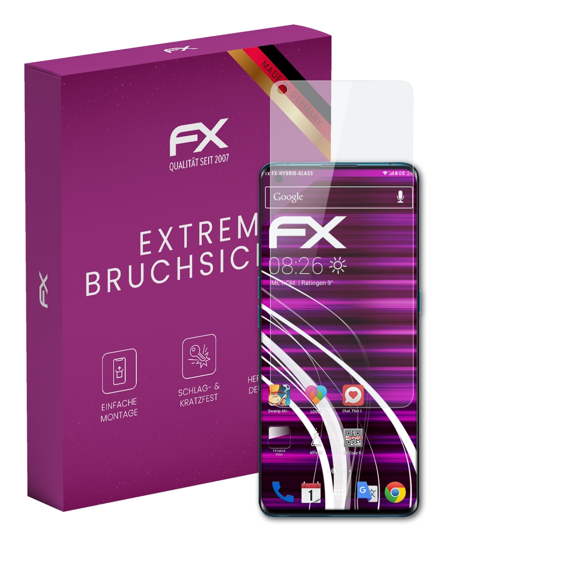 Telefon mit Displayschutzfolie und Box. Telefon zeigt Oberfläche. Box sagt 'Extrem Bruchsch'.
