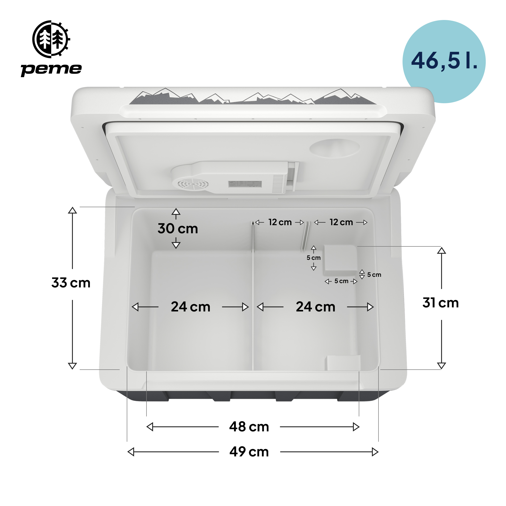 Weißer Kühler mit offenem Deckel, Abmessungen angezeigt. Logo: peme, Fassungsvermögen: 46,5 l.