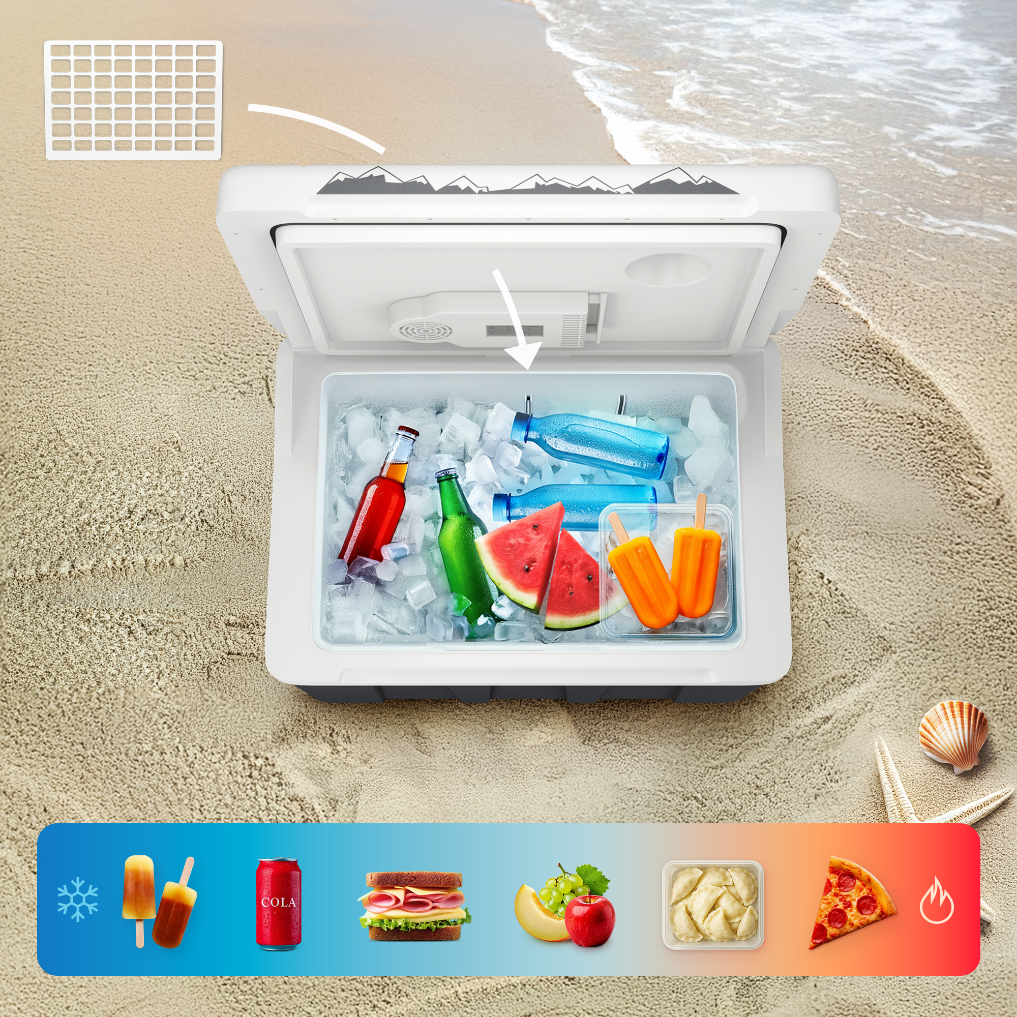 Geöffnete Kühlbox am Strand. Drinnen sind Getränke, Eis und Snacks. Eine farbcodierte Leiste zeigt die Temperatur der Speisen.